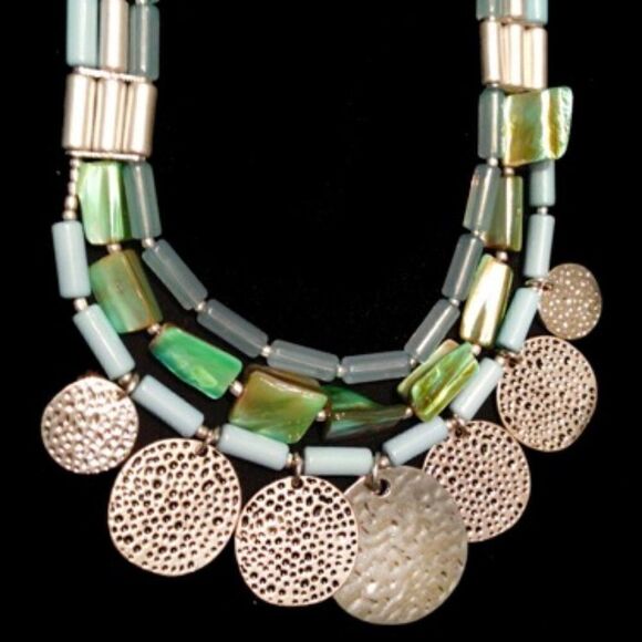 TRIPLE STRAND MOP SILVER DISK BLUE GLASS NECKLACE - Picture 1 of 7